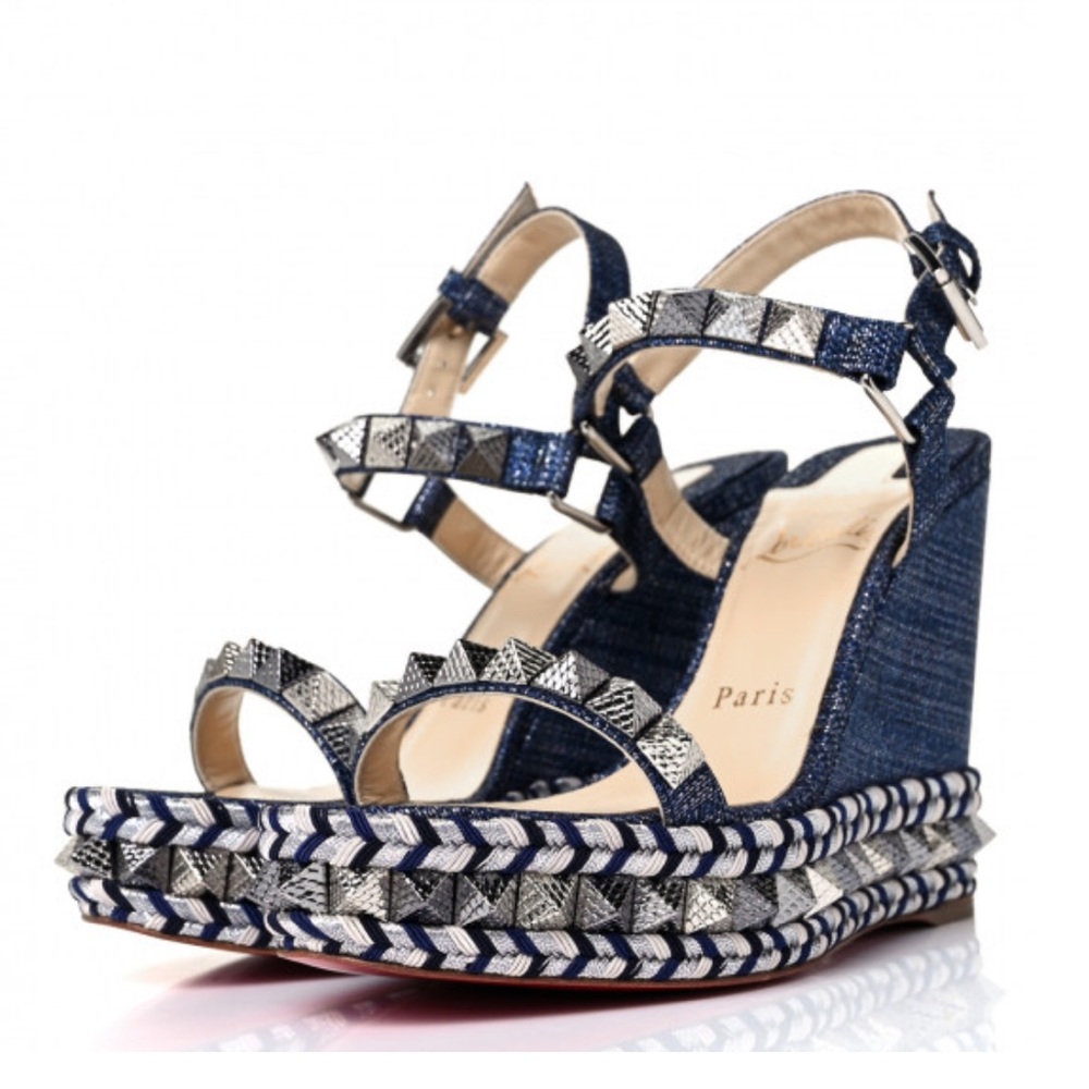 Chrisitan Louboutin Lame Lux Pyraclou 110 Wedge DENIM